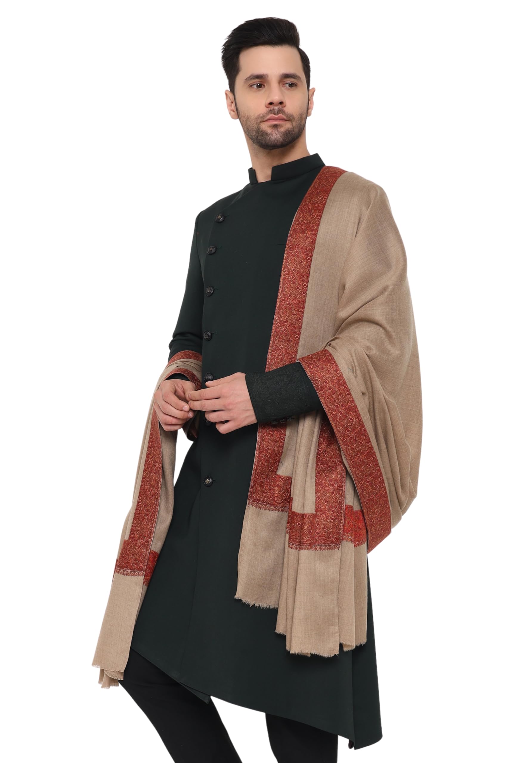 pashtush Mens Fine Wool Shawl, Double Daur Challa design, Taupe-picture-27
