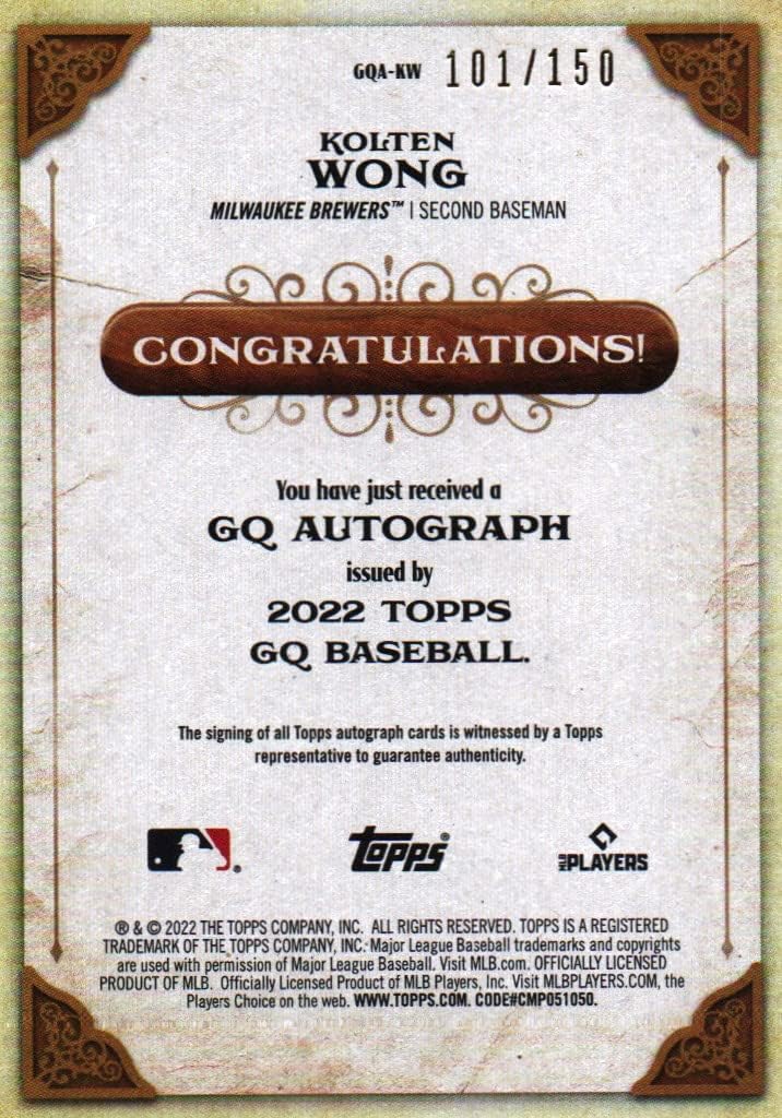Kolten Wong Gypsy Queen Autographed Collectible Baseball Card - 2022 Topps Gypsy Queen Blue Border Baseball Card #GQA-KW Serial Numbered 101/150 (Brewers) Free Shipping & Tracking