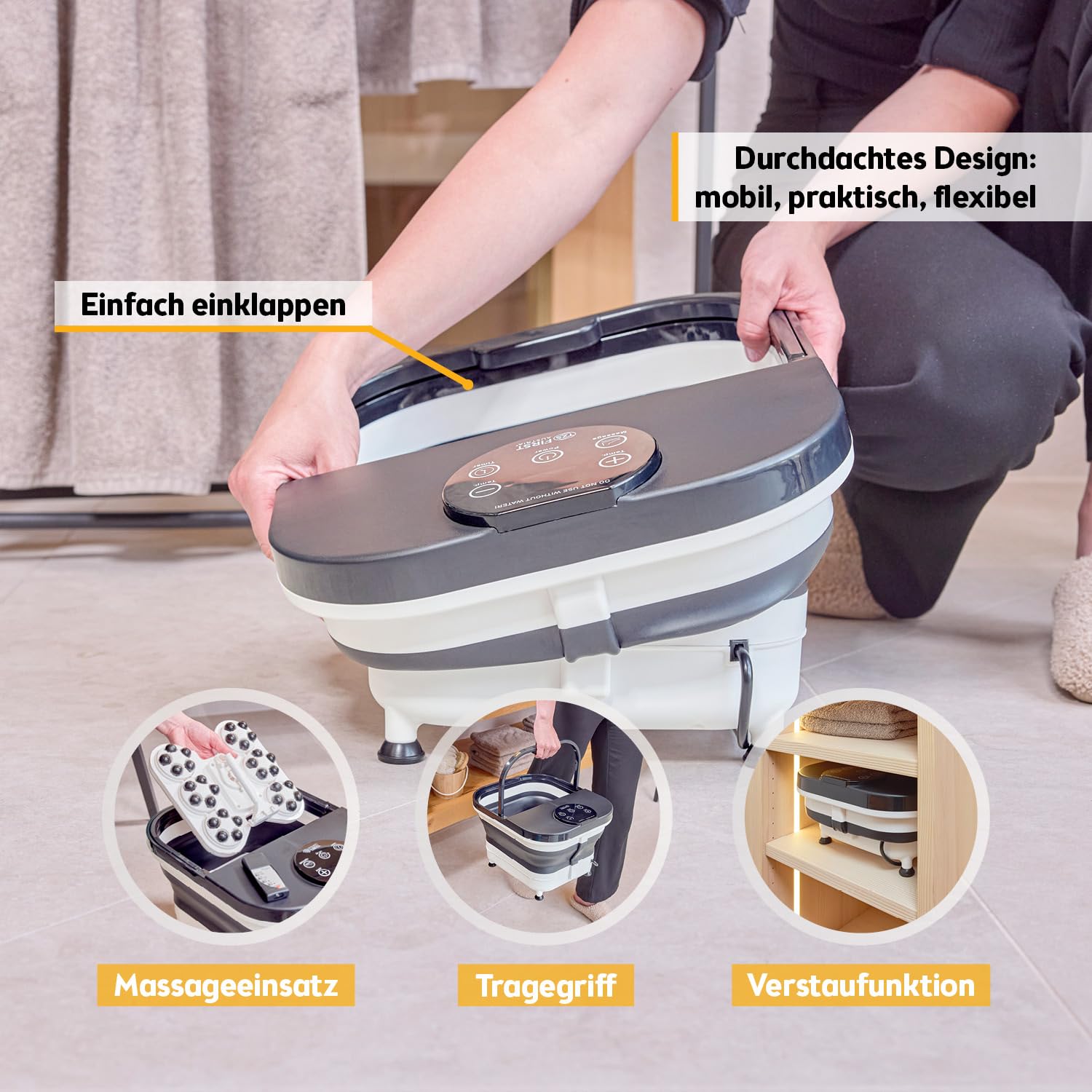 TZS First Austria - Fußsprudelbad Fußmassagegerät klappbar 500W mit 3 Aufsätzen & 6 Massagerollen - Fußbad mit Vibrations- & Luftblasenmassage, Infrarot- & Heizfunktion - Elektrische Fußbadewanne