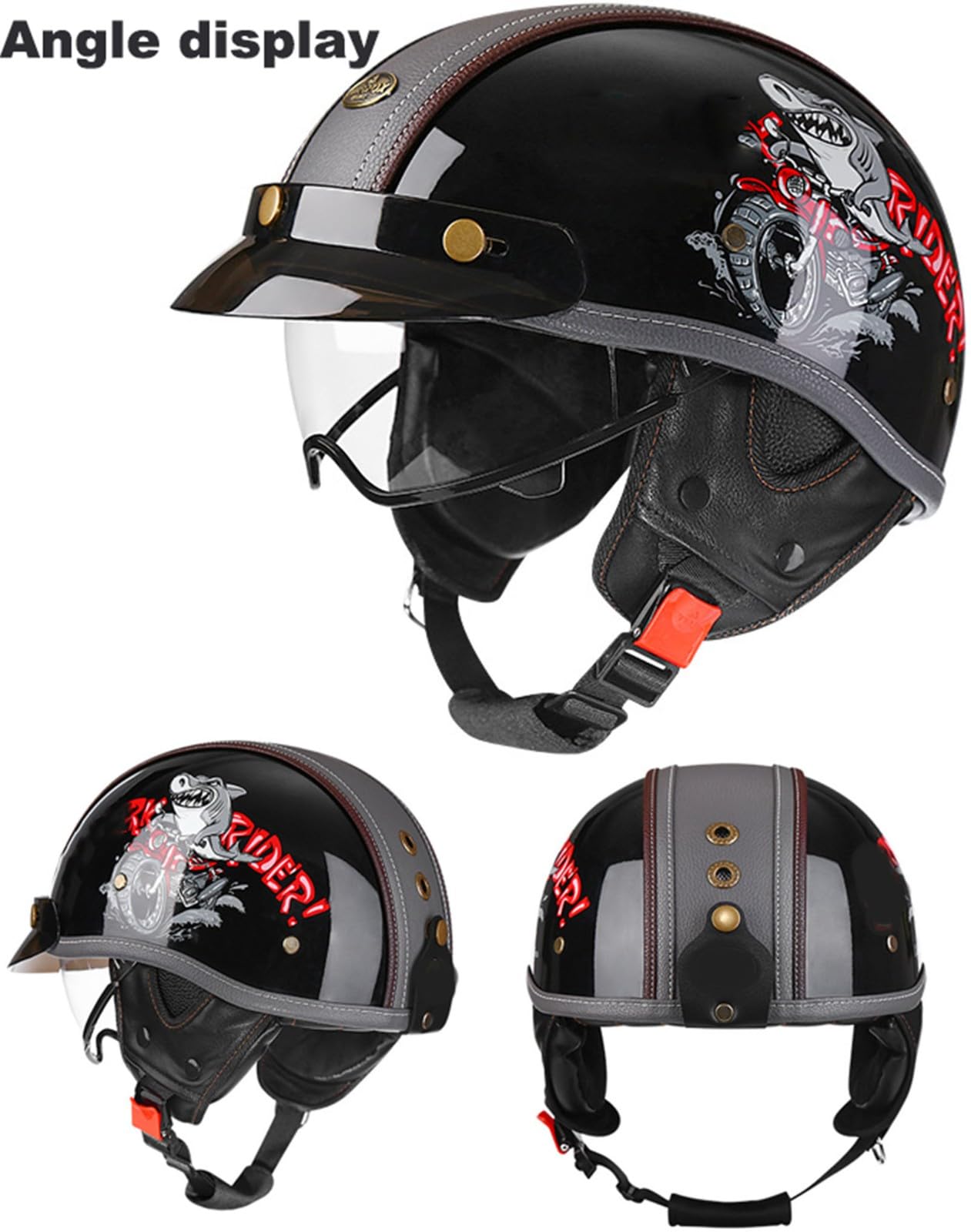 Half-Helmet Vintage Casco Moto Abierto Cascos Moto con Visera Casco Aleman Moto Homologado Dot/ECE para Chopper Ciclomoter, Hombres Y Mujeres Retro Seguridad Ligera Medio Casco