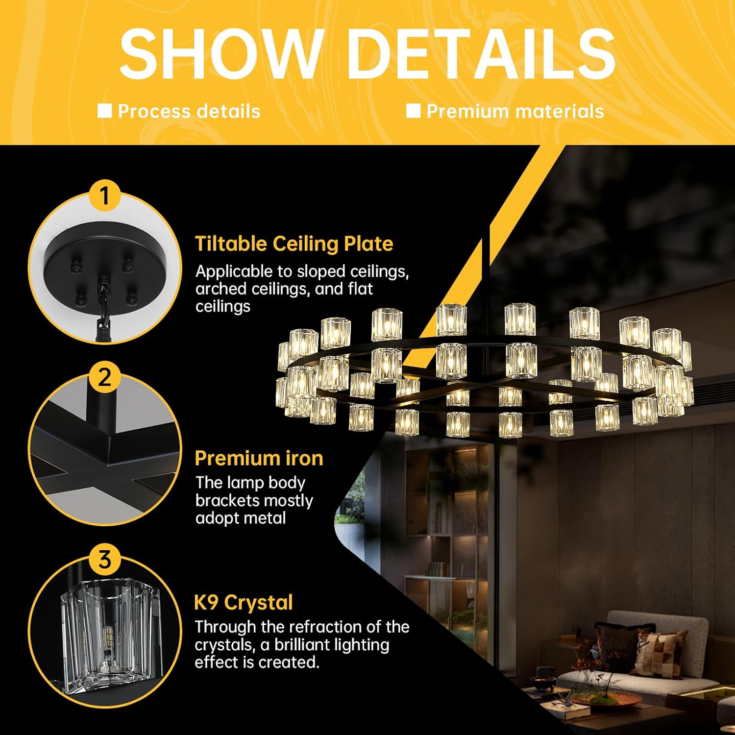 40-Lights Large Crystal Chandelier | Dia 42 Inch Round Chandeliers for Dining Room Over Table | Black Dining Room Light Fixture Apply to Living Room | Entryway | Foyer | 40 X G4 bulbs (included)