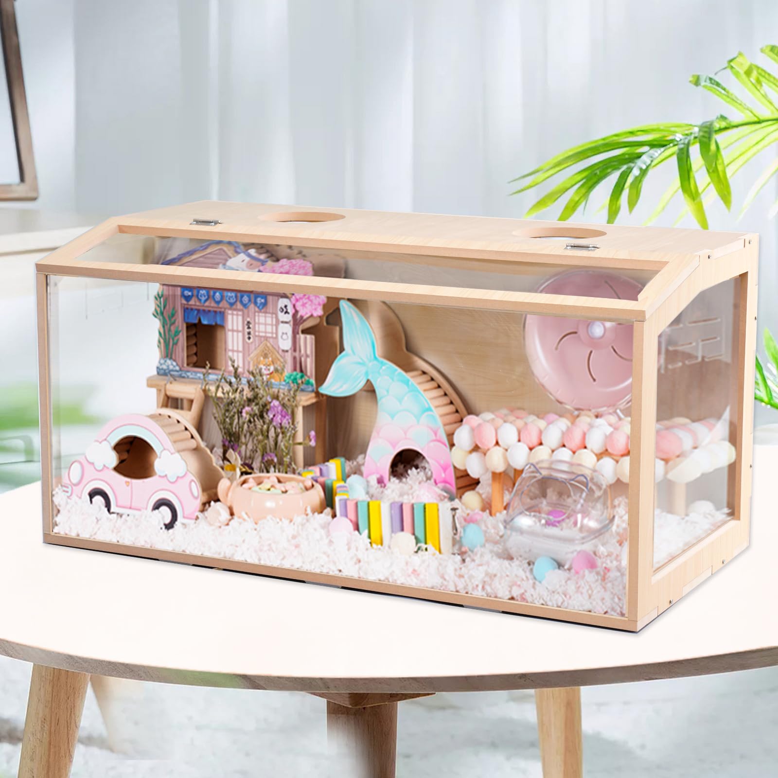 31.5 inch Wooden Hamster Cage, Large Habitat, Openable Top, Transparent Acrylic for Interior View, Ventilated, Easy to Clean, for Syrian Hamster,