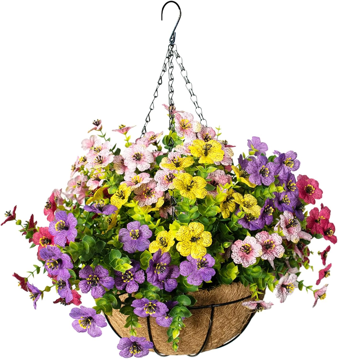 Artificial Hanging Flowers for Outdoors with Basket,UV Resistant Realistic Faux Hanging Plants Outdoor Artificial Flowers for Outdoors Basket for Yard Porch Patio Garden Home Decor,12 Bundles Mix
