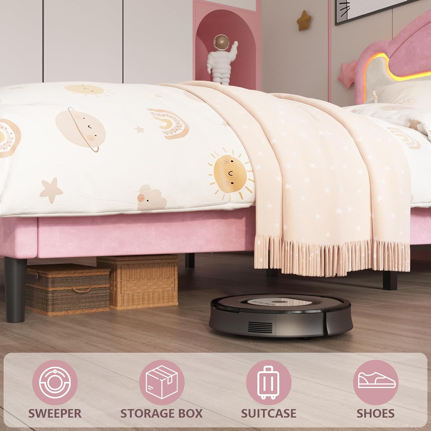 Senfot Full Bed Frame with LED Lights, Upholstered Fabric Headboard, Sturdy Wood Slat Support, No Box Spring Needed, Perfect Bed Frame for Kids' Rooms, Pink White(Without Drawers)