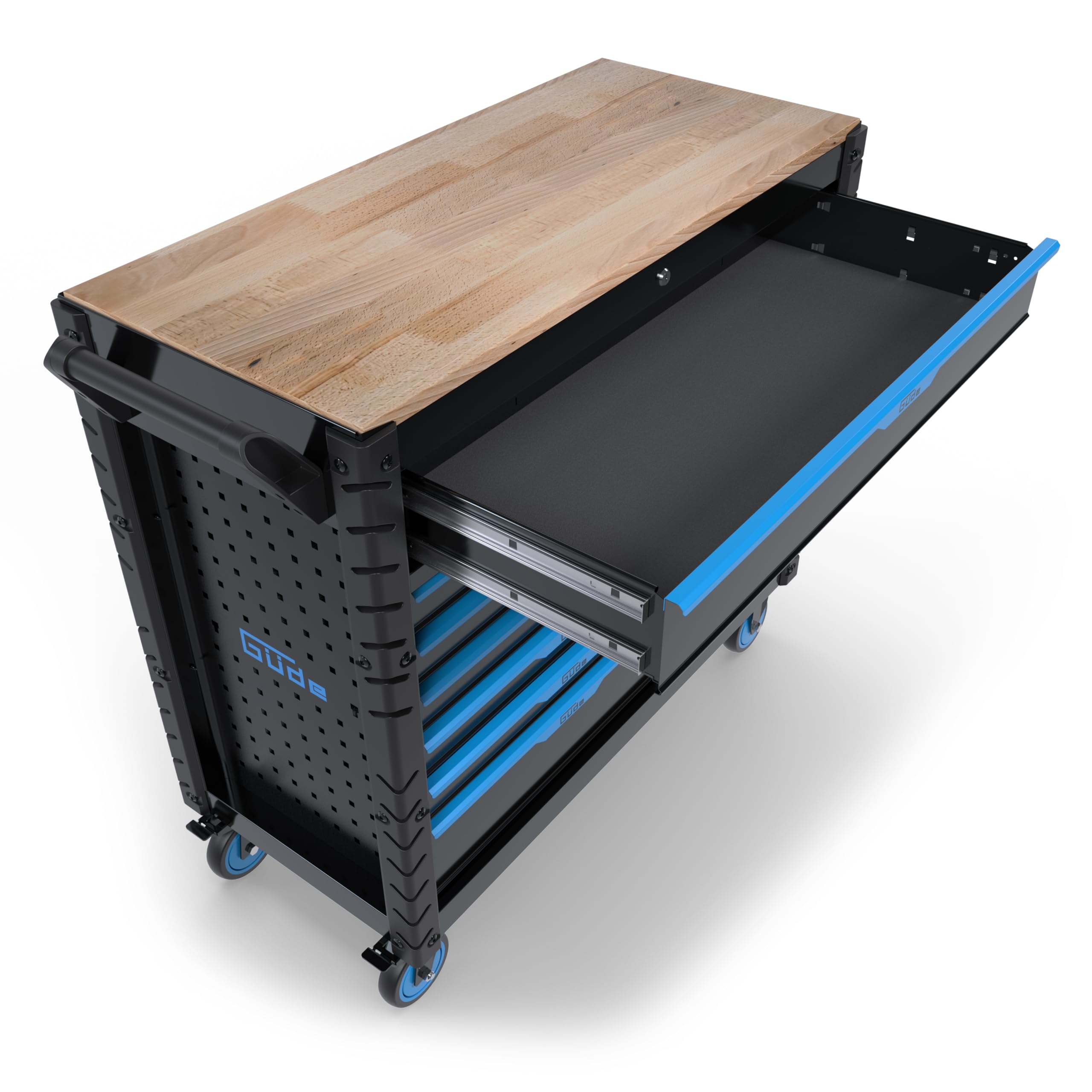 Güde GW 12S Mobile Werkbank - pulverbeschichtete Stahlkonstruktion, 400 kg Traglast, 12 kugelgelagerte Softclose-Schubladen, Arbeitsplatte aus Gummibaumholz, seitliche Lochwände, Zentralverriegelung
