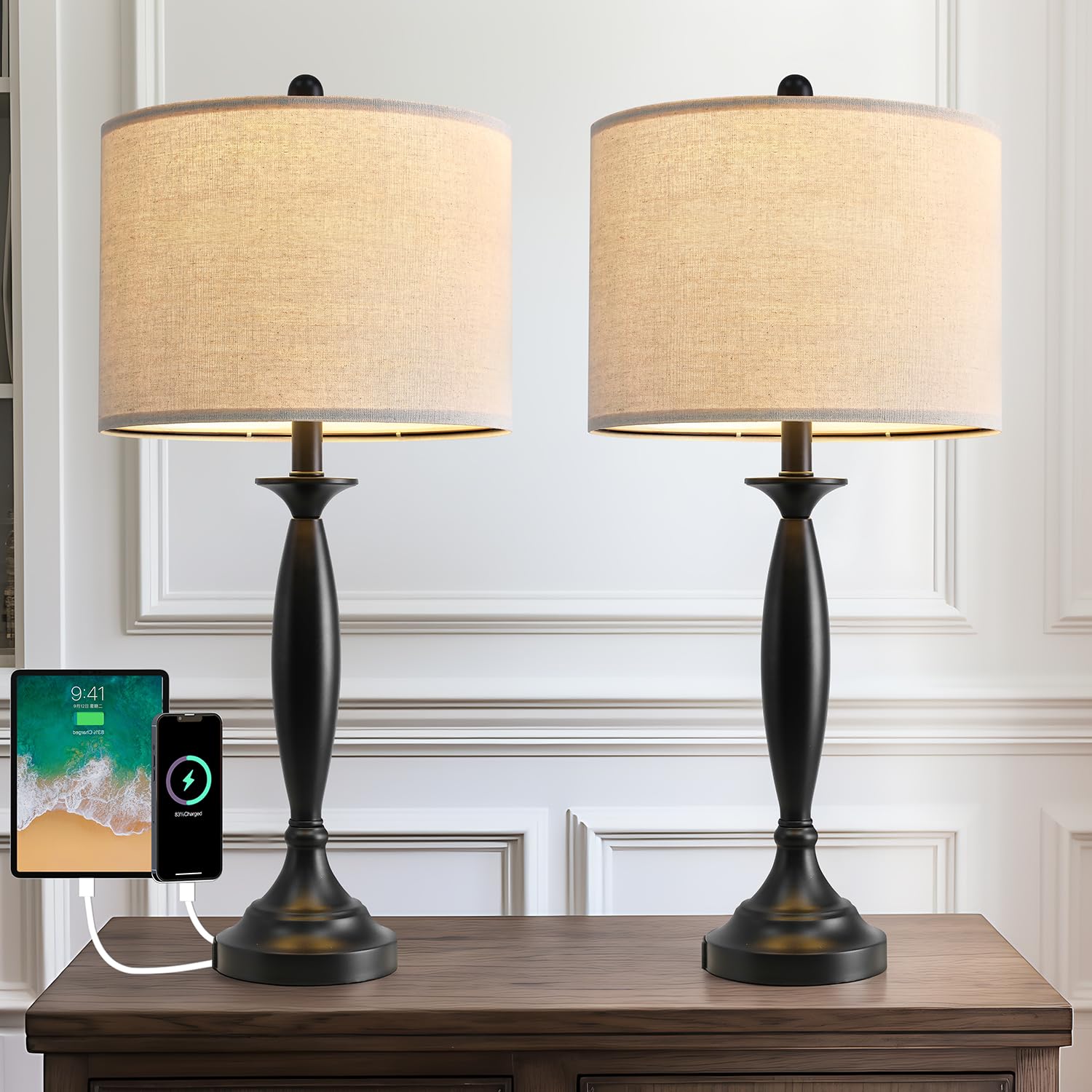 Oneach 27" Modern Table Lamps Set of 2 for Living Room Bedroom with USB Charging Port,Brushed Steel Bedside Lamps for Night Stands,Fabric Drum Shade Nightstand Lamp Light for End Tables Home(Black)