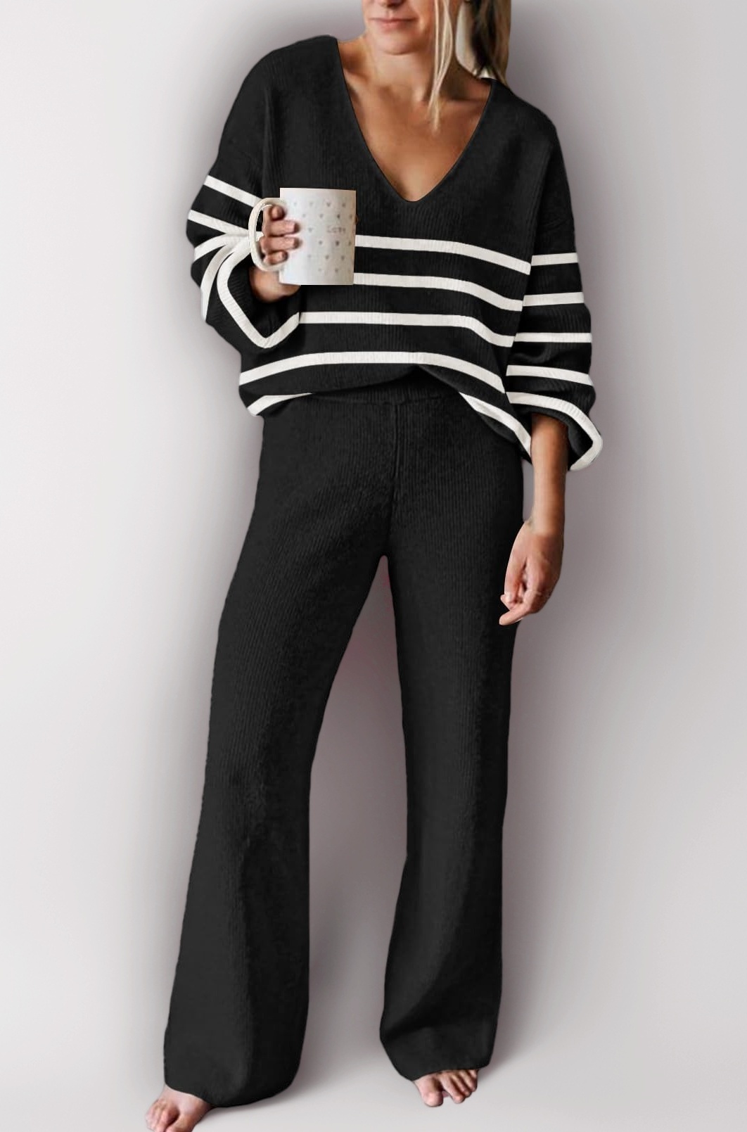 Womens Knit Sweater Pajamas Set V-neck Pullover Tops Wide Leg Pants Sleepwear Loungewear Outfits