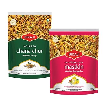 Bikaji Kolkata Roasted Chanachur 400g & Mastkin Cornflakes Mix 400g Combo | Authentic Indian Namkeen Pack | Crunchy Tea-Time Snack, Bar Snack & Party Mix | Spicy & Light Munchies for Sharing & Everyda