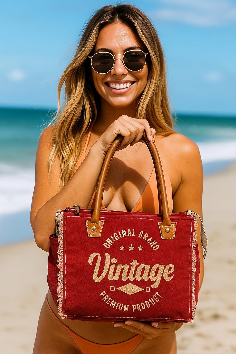 Canvas Tote Bag for Women, Shoulder Bag with Leather Handles, Beach Bag, Handbag, Travel & Everyday Use (Vintage Print, Red, 13 x 10 Inch) - Image 4