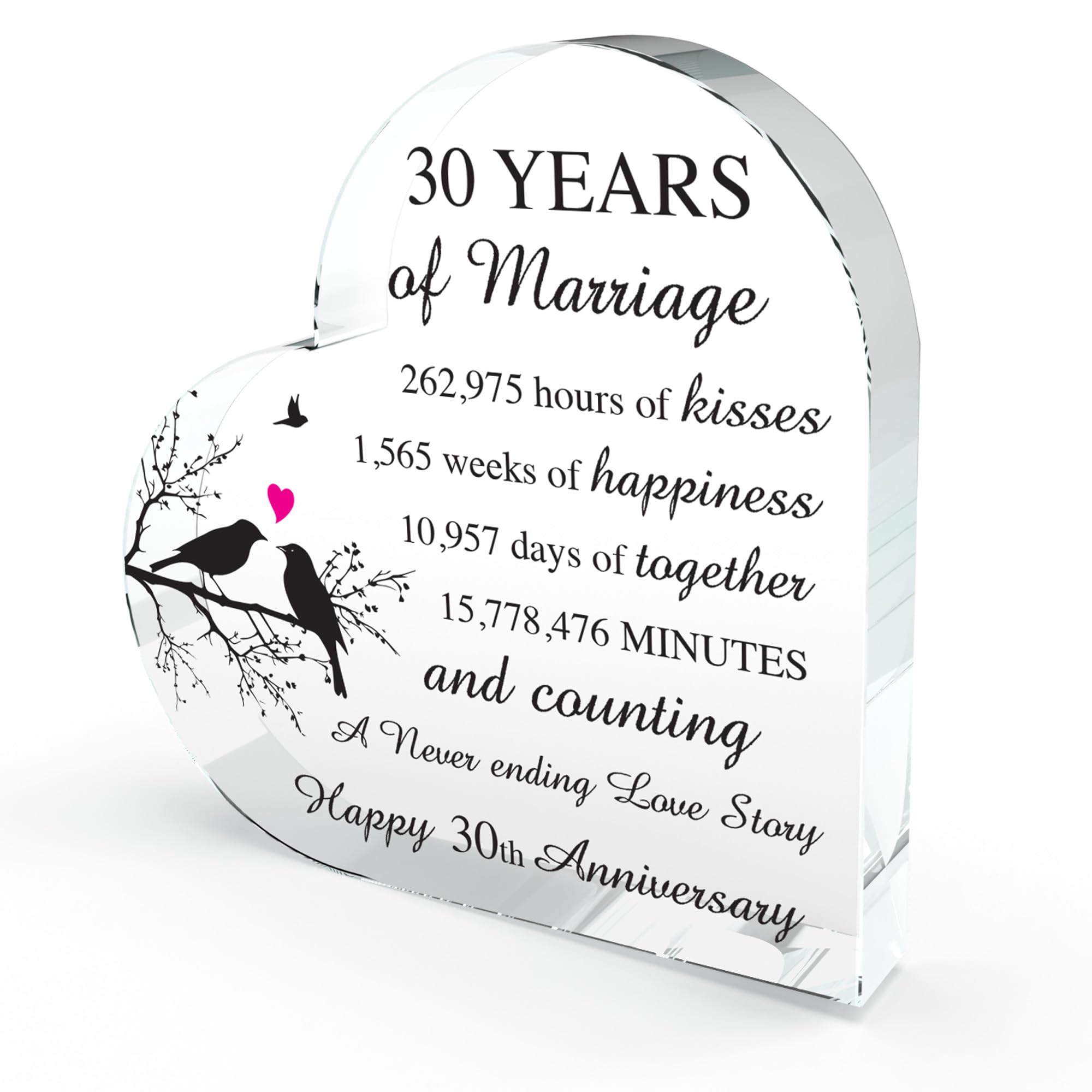 30th Anniversary Pearl Wedding Present for Wife, Girlfriend, Partner Acrylic Heart Shaped Keepsake Plaque Wedding Gifts for Women & Men.