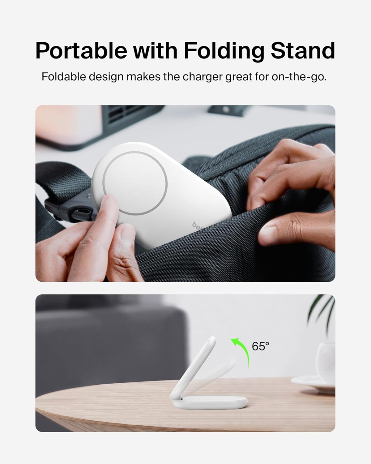 Belkin Magnetic Foldable Wireless Charging Stand 15W - MagSafe-Compatible Qi2-Certified Charger, Wireless Charging Stand for iPhone 16, Galaxy S25, & More - Standby Mode Ready w/PSU Included - White
