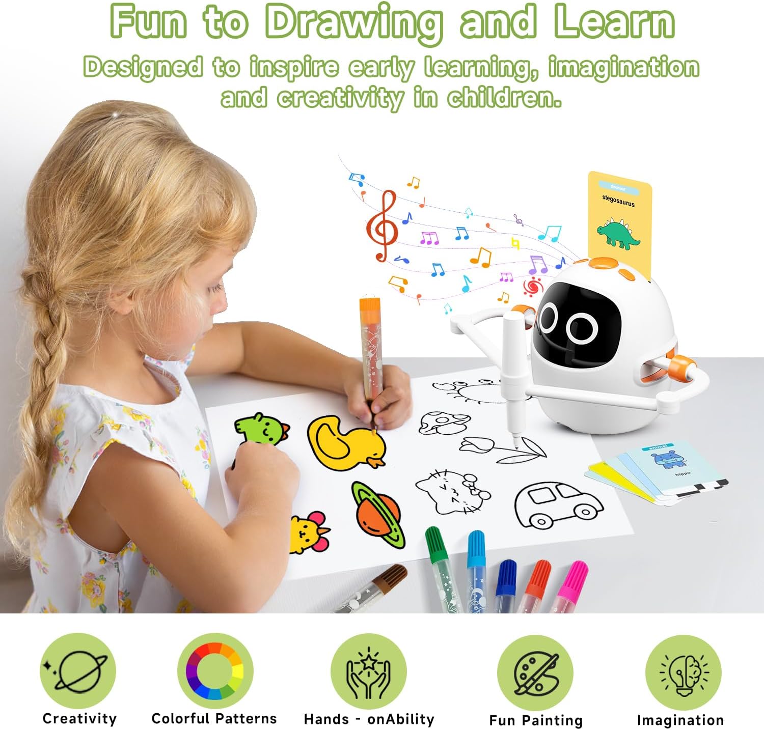 Drawing Robot for Kids, Montessori Painting Learning Toys, Voice Interactive Educational Drawing Machine with 220 Word Cards for 3 4 5 6 7 8 Year Old Boys Girls Gift
