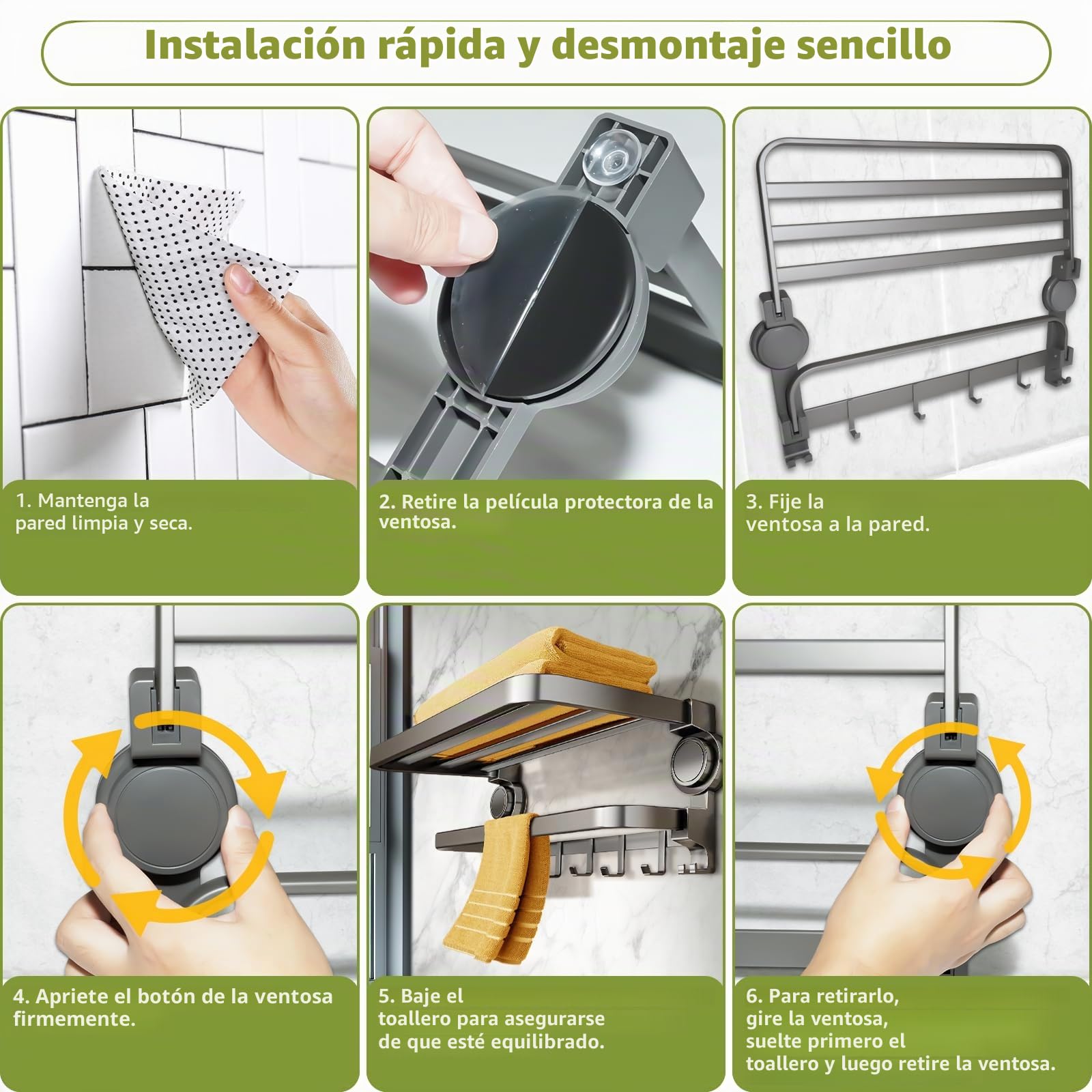 Toallero sin taladrar, toallero de baño,Portatoallas de baño sin taladrar, Portatoallas con Ventosa, Soporte para Toallas Plegable a 90°, Estante para Toallas de baño con 8 Ganchos, 50 cm