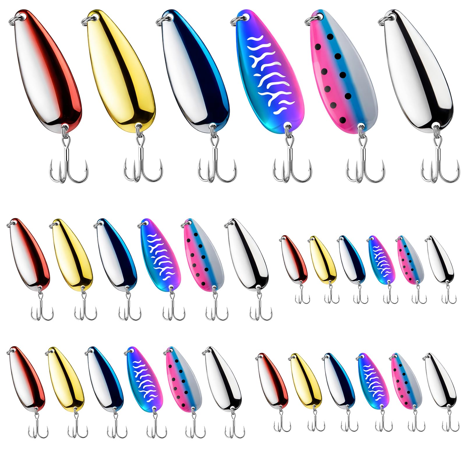 30 Pcs Fishing Spoons Lures 5 Size Metal Spoon Fishing Lures Casting Trout Spoons with Treble Hooks Luminous Casting Spoon Durable Treble Hooks for Bass