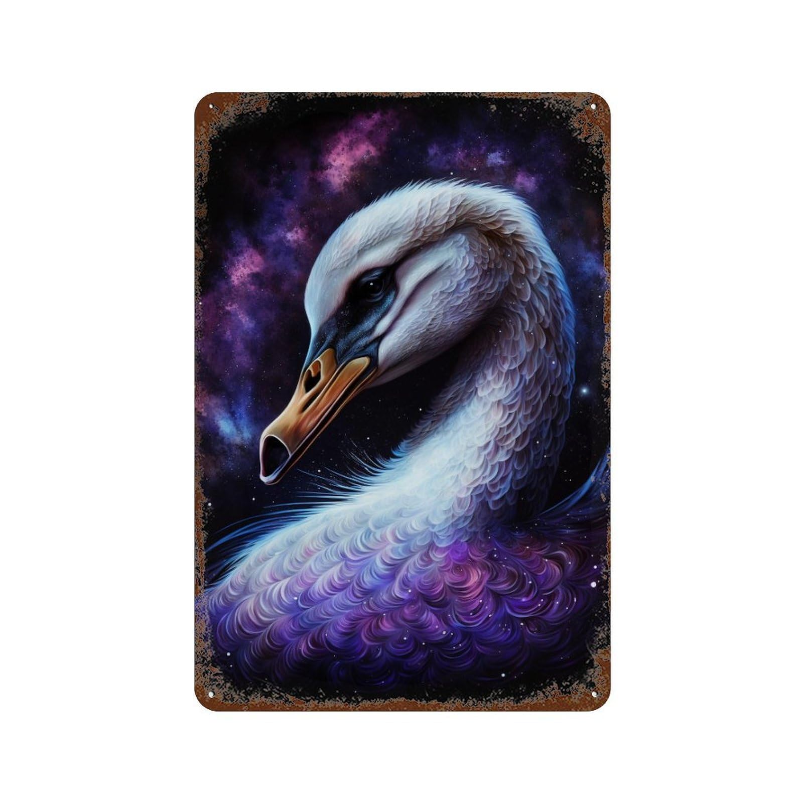 Cosmic Swan Art Print-3 11.8"x7.9" Rust Effect Tin Sign, Old School Wall Decor for Pub, Kitchen And Man Cave Decor