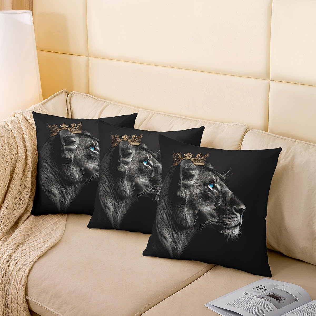 Feelyou Lion Pillow Case Cushion Cover Boys Girls Gold Queen Crown Print Throw Pillow Covers 22"x22" Set of 2 Soft for Safari Print Decorative Throw Pillowcase for Sofa Wild Animal Black Cushion Case