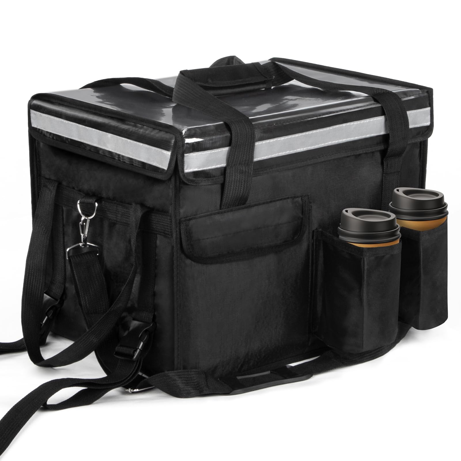 Insulated Bags for Food Delivery with Cup Holder 17.3" x 13.5" x 12.5", Support Frame & Hard Bottom Plate, Waterproof Commercial Insulated Food