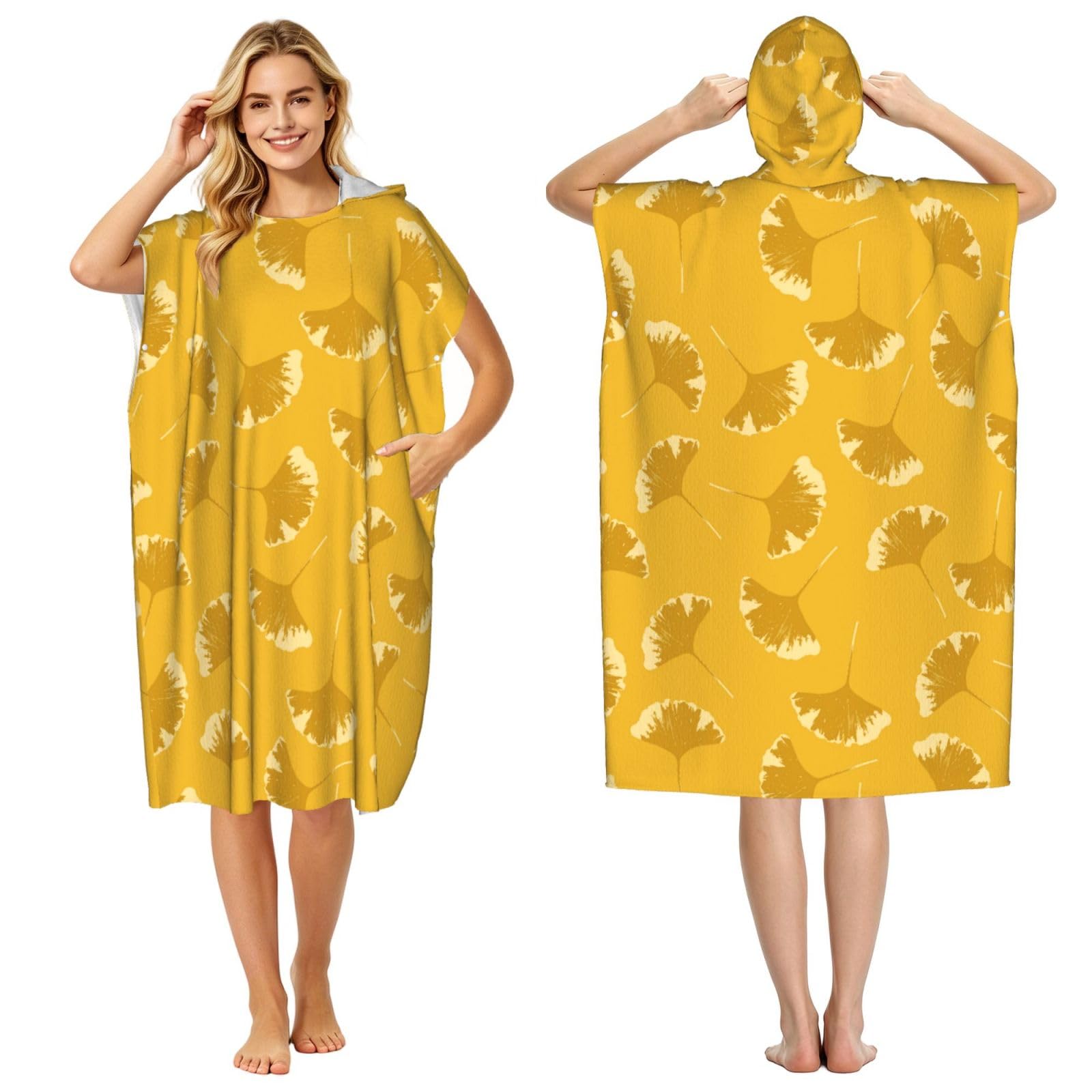Poadnly Ginkgo Leaves Floral On Yellow Ochre, Adult Hooded Beach Towel 90 x 110 cm,Changing Bath Robe, Surf Poncho Towel For Women Men