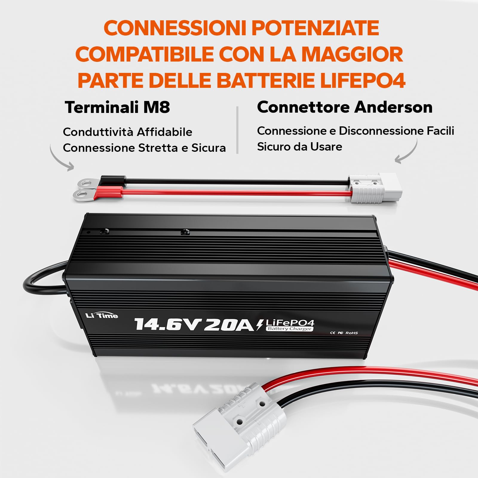 LiTime 12V 20A Caricabatterie per Batterie Litio, 14,6V 20A AC-DC Caricatore con Connettori Anderson e Indicatori LED, Caricabatterie LiFePO4 12V per Camper, Case, Off-Grid e Solari