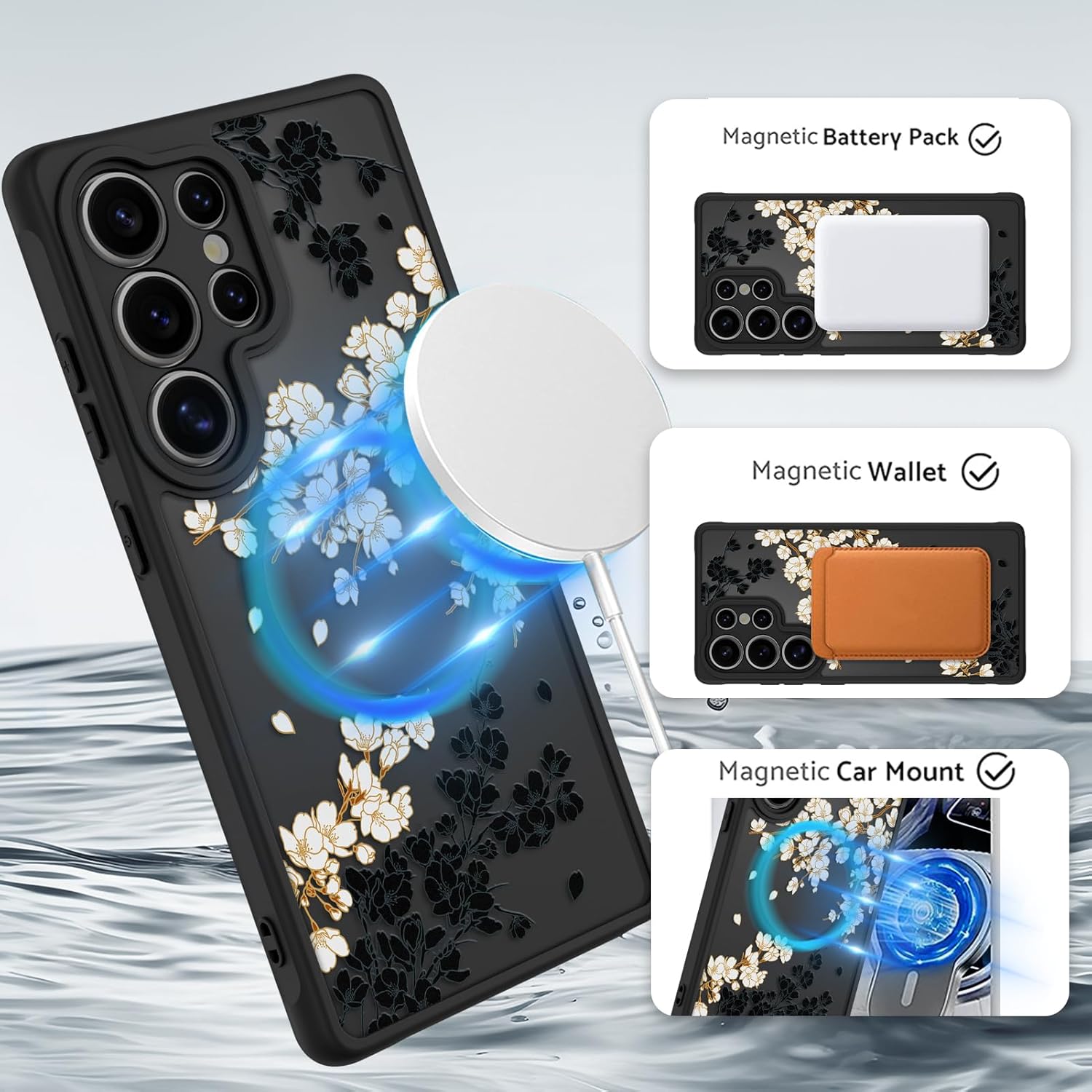 OOK Case Fit for Samsung Galaxy S25 Ultra 6.9 Inch (Wireless Charging Compatible) White Floral Flowers Design Translucent Phone Cover Soft TPU + Hard PC Anti-Scratch Shockproof Magnetic Case for Women - Image 2