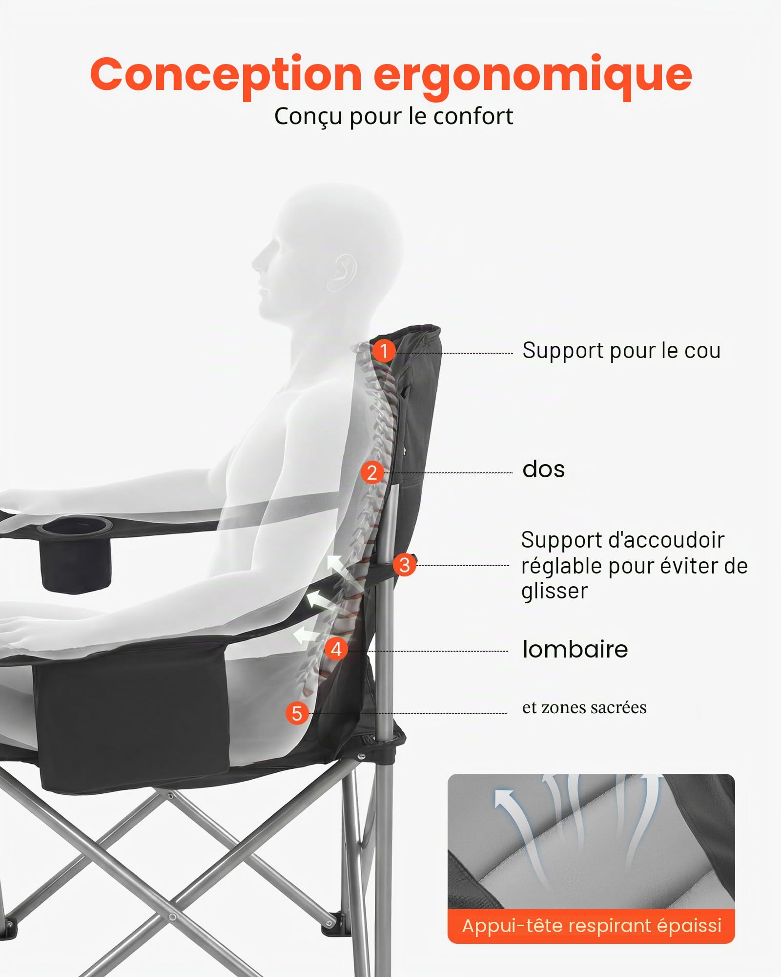 VEVOR Chaise de Camping Pliante et Portable 2PCs, Fauteuil Pliable Camping Charge 204 kg, pour Pique-Nique Randonnée Pêche en Plein Air, avec Dossier et Accoudoirs Rembourrés et Porte-gobelet