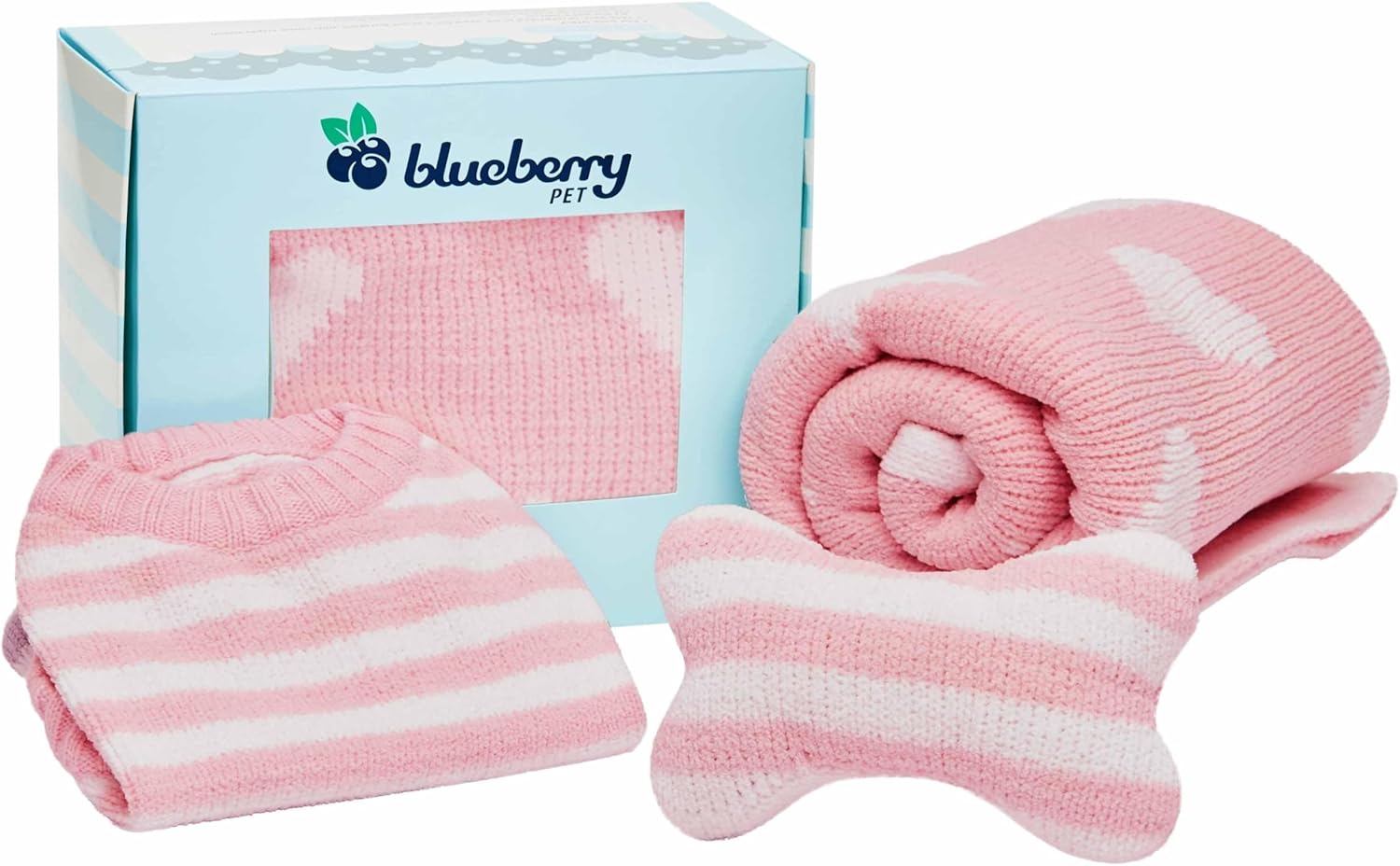 Blueberry Pet Puppy Gift Box, Ultra Soft Chenille Cozy Essentials Set with Heart Print Blanket, Everyday Stripe Sweater and Bone-Shaped Bone Pillow