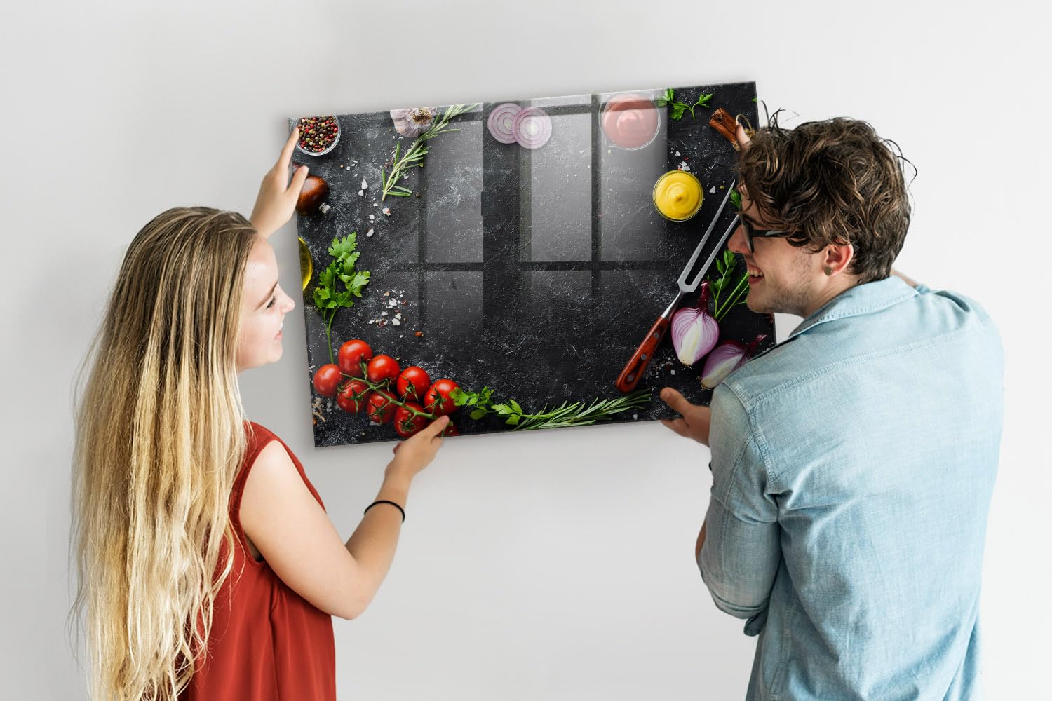 Glastafel magnetisch mit starken Magneten | Schreibtafel abwischbar | Wandtafel für Küche, Büro, Schule | Glänzende Glasoberfläche, modernes Design - 100x70cm Gemüse auf dem Tisch