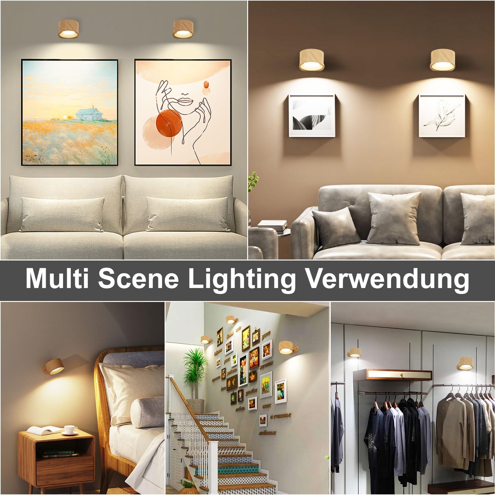 Feallive LED Wandleuchte Innen, Wandlampe mit Akku 2 Stück,Touch Control 3 Helligkeitsstufen, 360° drehbare, für Wohnzimmer Schlafzimmer TreppenhausFlur kabellose wandleuchten Holzmaserung