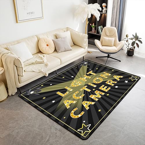 Alfombra vintage de cine, para sala de cine, para interiores, sala de estar, alfombra de área negra dorada, 5 x 7 pies disponible en Yaxa Peru