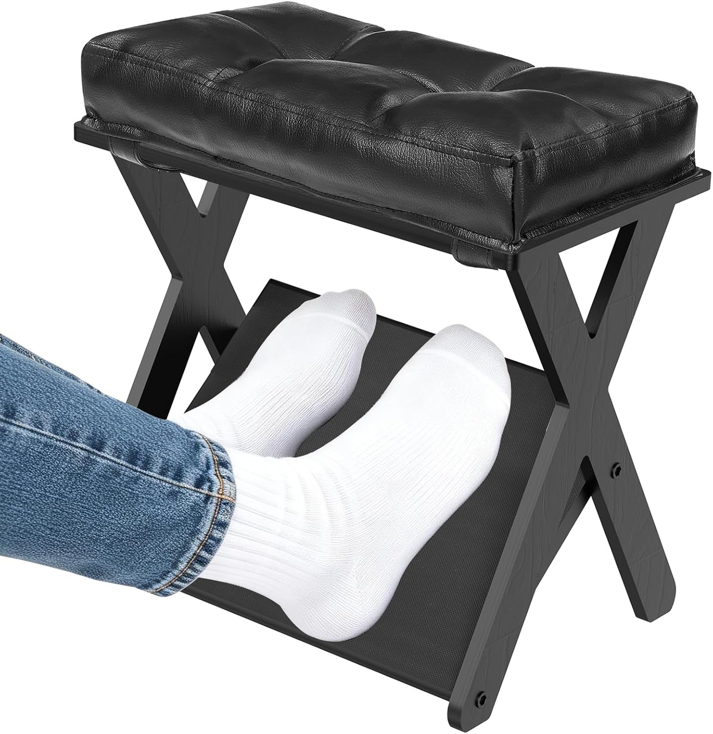Double Step Foot Rest Under Desk, Wooden Desk Foot Rest with Non-Slip EVA Stepping Surface, Ergonomic Under Desk Foot Stool, Enhances Posture, Office Home Work-Black
