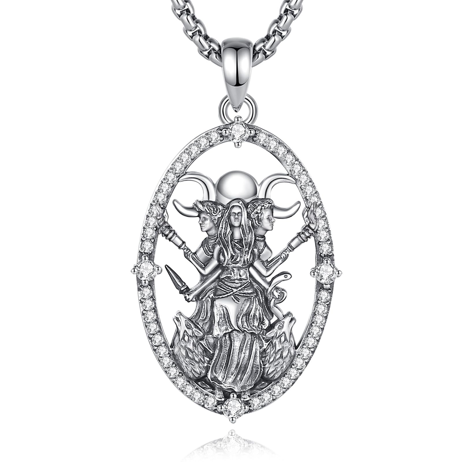 AEONSLOVE Hekate łańcuszek z wisiorkiem w kształcie , srebro próby 925, Lilith, łańcuszek na szyję z zawieszką w kształcie koła Hekate z potrójną zawieszką w kształcie księżyca
