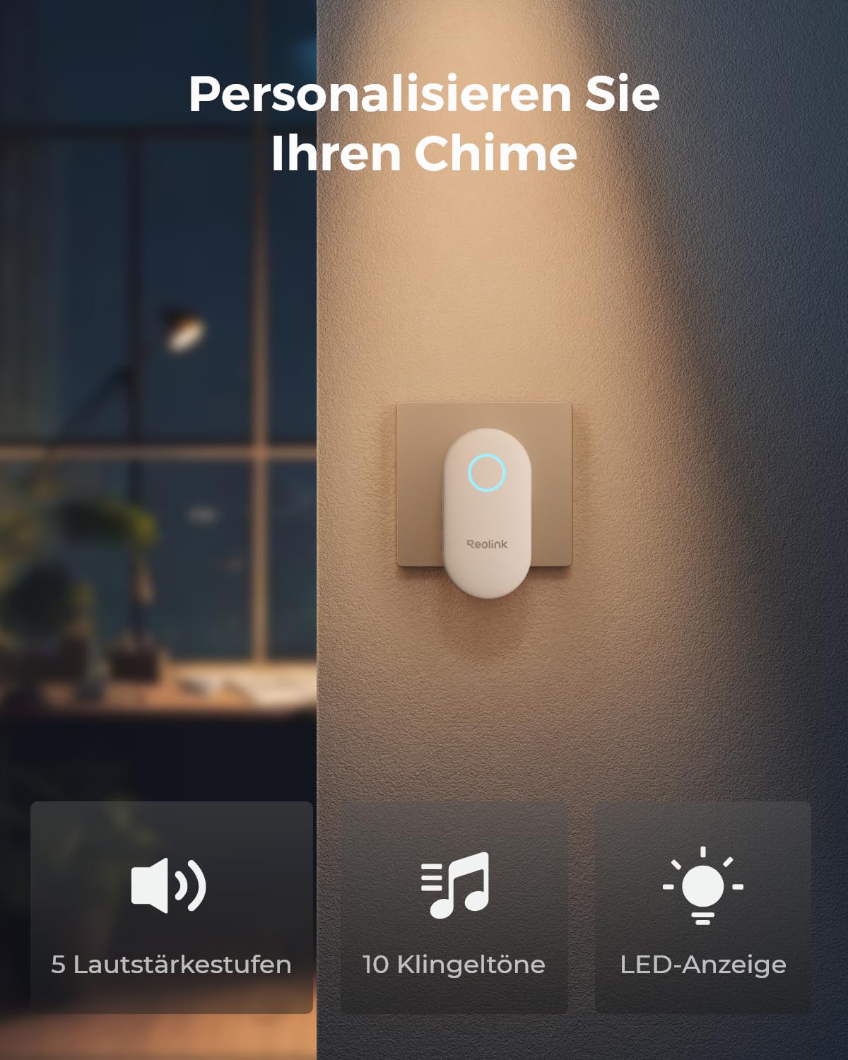 Reolink Chime Plus, NUR Kompatibel mit Video Doorbell WiFi/PoE mit Hardware V2 od. höherer Version, Funktioniert mit Doorbell Battery, Plug&Play, Fernsteuerung via App, mehrere Klingeltonoptionen