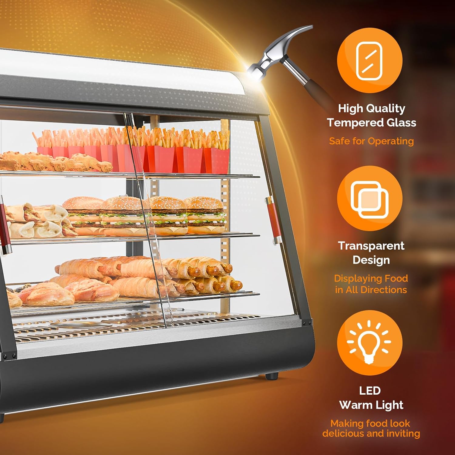 Close-up of the food warmer display highlighting tempered glass, LED warm light, and transparent design.