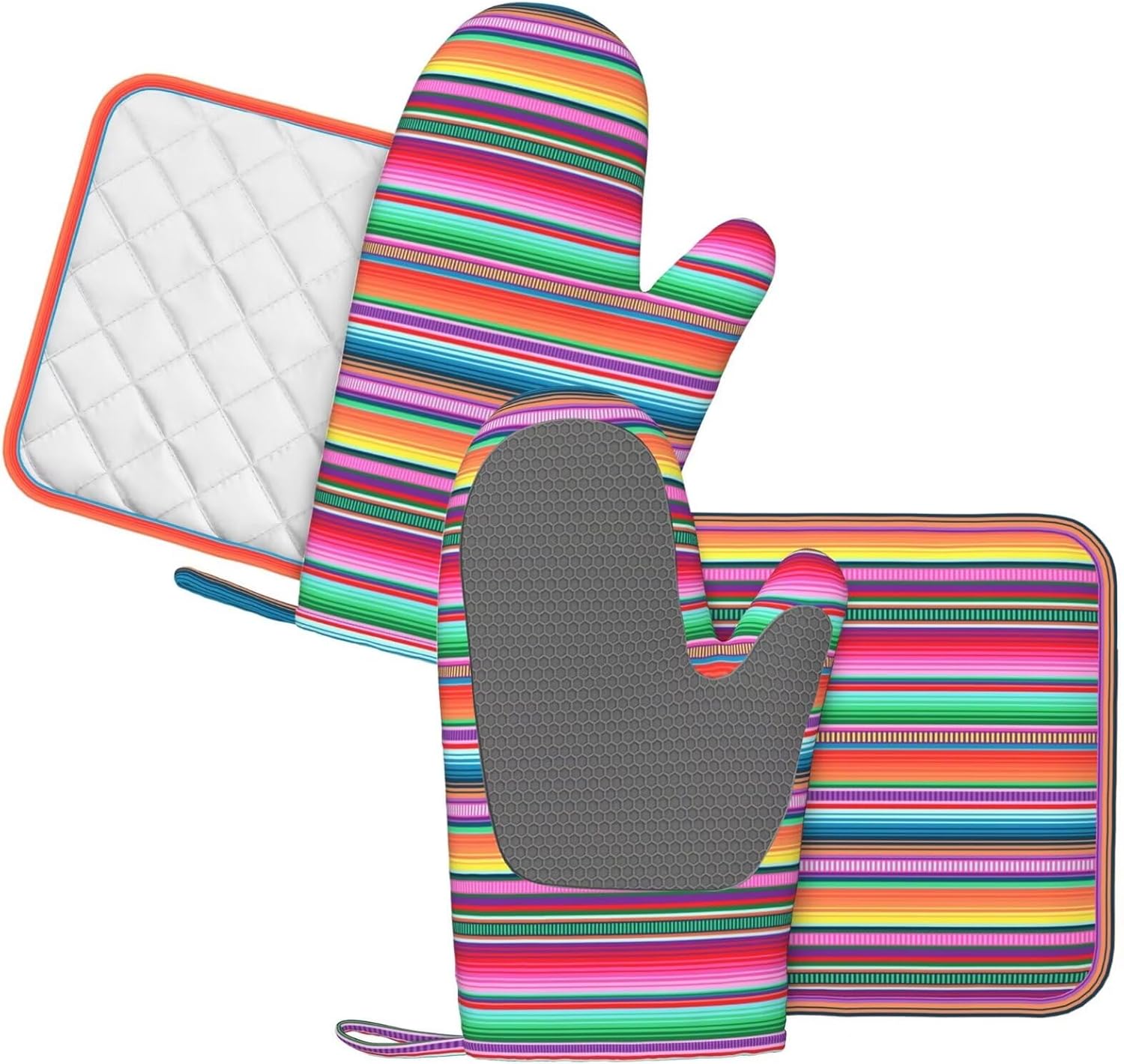 Mexican Colorful Stripe Oven Mitts Pot Holders Set Silicone Vertical Lines Bright Colors Kitchen Oven Mitts Heat Resistant Potholders Non-Slip 4pcs Hot Pads and Oven Gloves Sets for BBQ