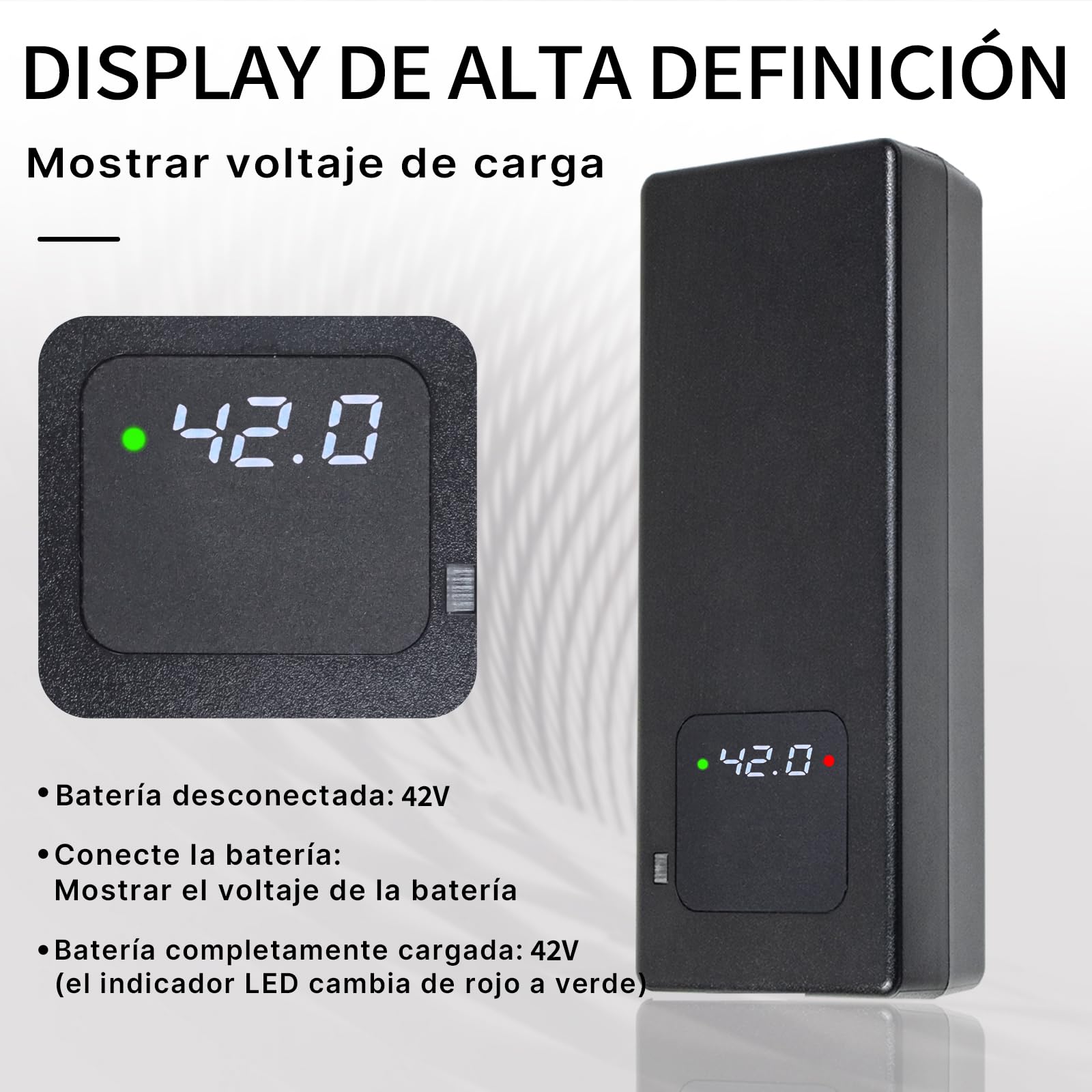 Cargador rápido 42V Li-Ion 36V, Bicicleta eléctrica y Patinete eléctrico | Pantalla LED, múltiples protecciones, certificación CE y conectores RCA de 8 mm y DC de 5,5 x 2,1/2,5 mm.