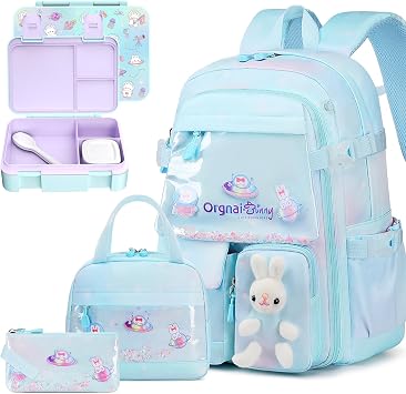 FIXITOK Girls Backpack with Bento Lunch Box Set, Kawaii Bunny School Backpack for Girls with Leak-proof Lunch Containers Lunch Bag Pencil Case for Kindergarten Elementary Preschool School