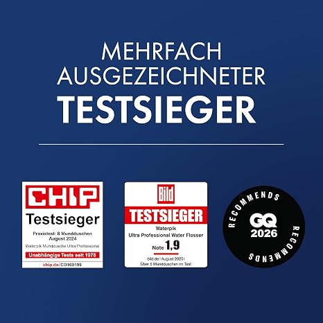 Waterpik Professional Water Flosser Testsieger 2025 Precision Pulse Technology TÜV Siegel bis zu 999 Prozent Plaque Entfernung 6x Aufsätze 10x individuelle Modi integrierter Timer Schwarz