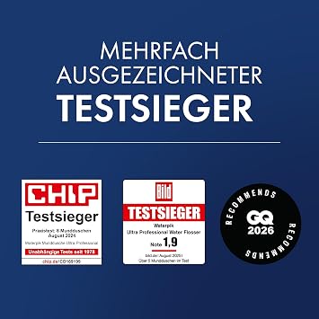 Waterpik Professional Water Flosser Testsieger 2025 Precision Pulse Technology TÜV Siegel bis zu 999 Prozent Plaque Entfernung 6x Aufsätze 10x individuelle Modi integrierter Timer Schwarz
