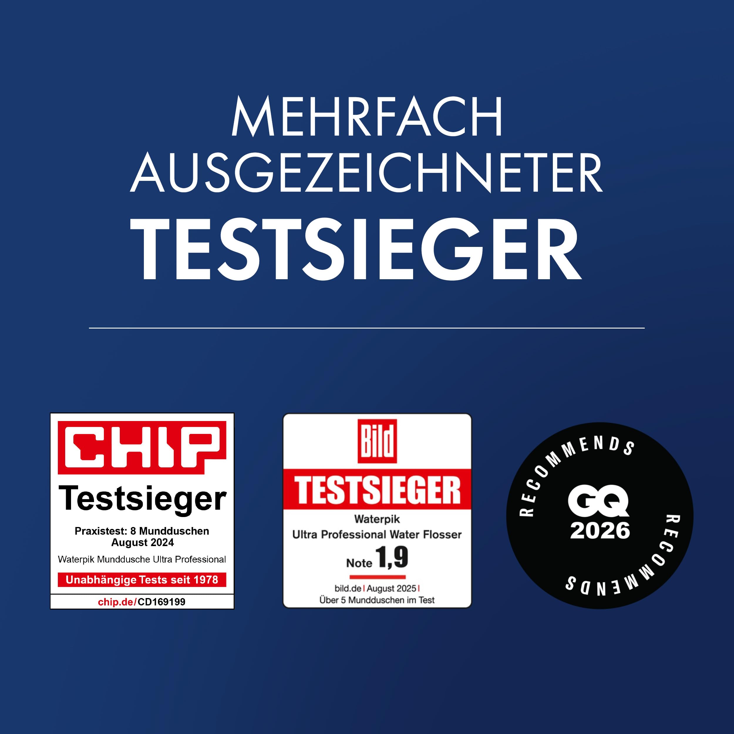 Waterpik Professional Water Flosser, Testsieger 2025, Precision Pulse Technology, TÜV Siegel, bis zu 99,9 Prozent Plaque Entfernung, 6x Aufsätze, 10x individuelle Modi, integrierter Timer, Schwarz