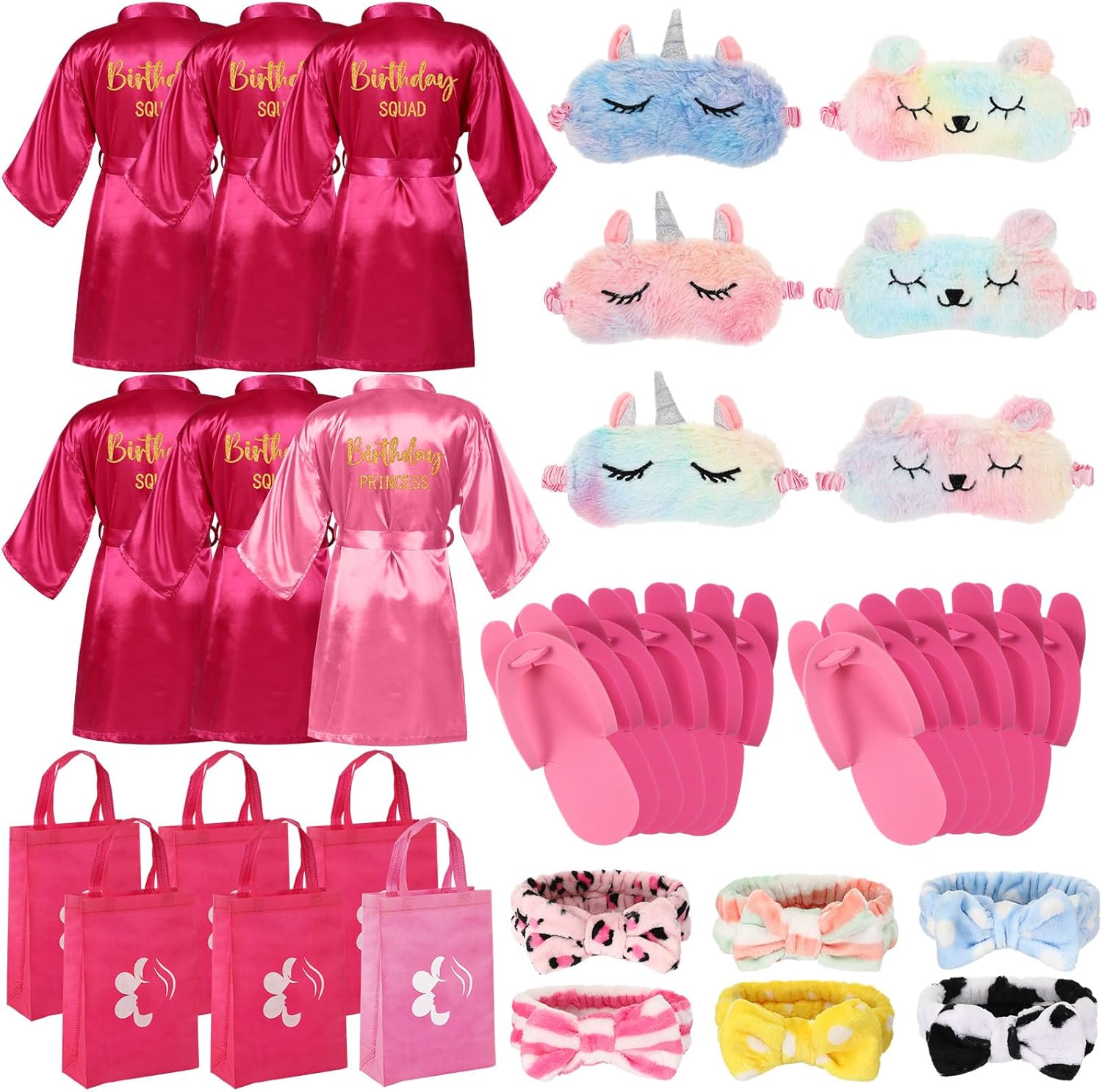 Shihanee 30 Pcs Spa Birthday Party Supplies for Girls 6 Set Sleepover Party Satin Robes Kids Pack Birthday Princess Squad Kit