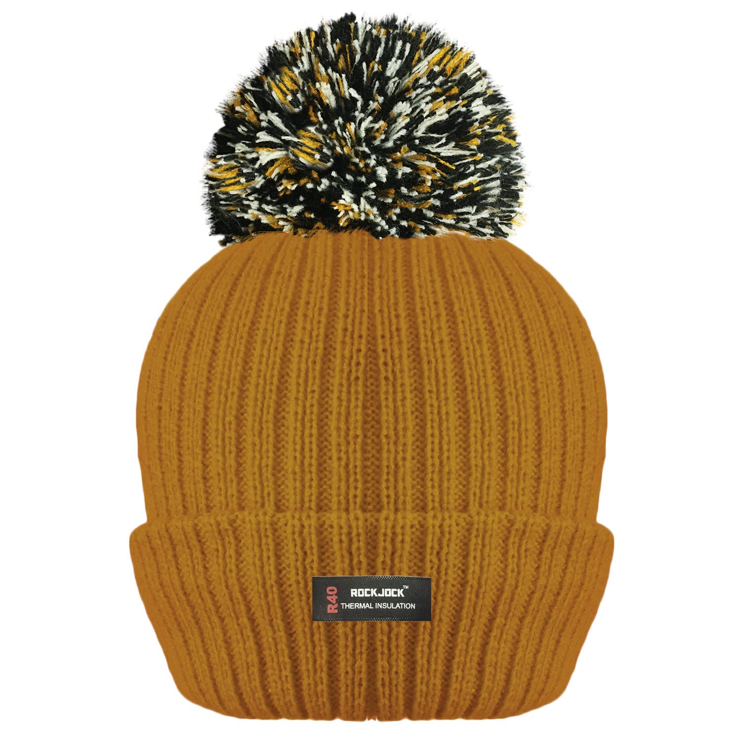 Rockjock Women's Mustard R40 Winter Pom Pom Ribbed Beanie Hat With Advanced Thermal Insulation-3
