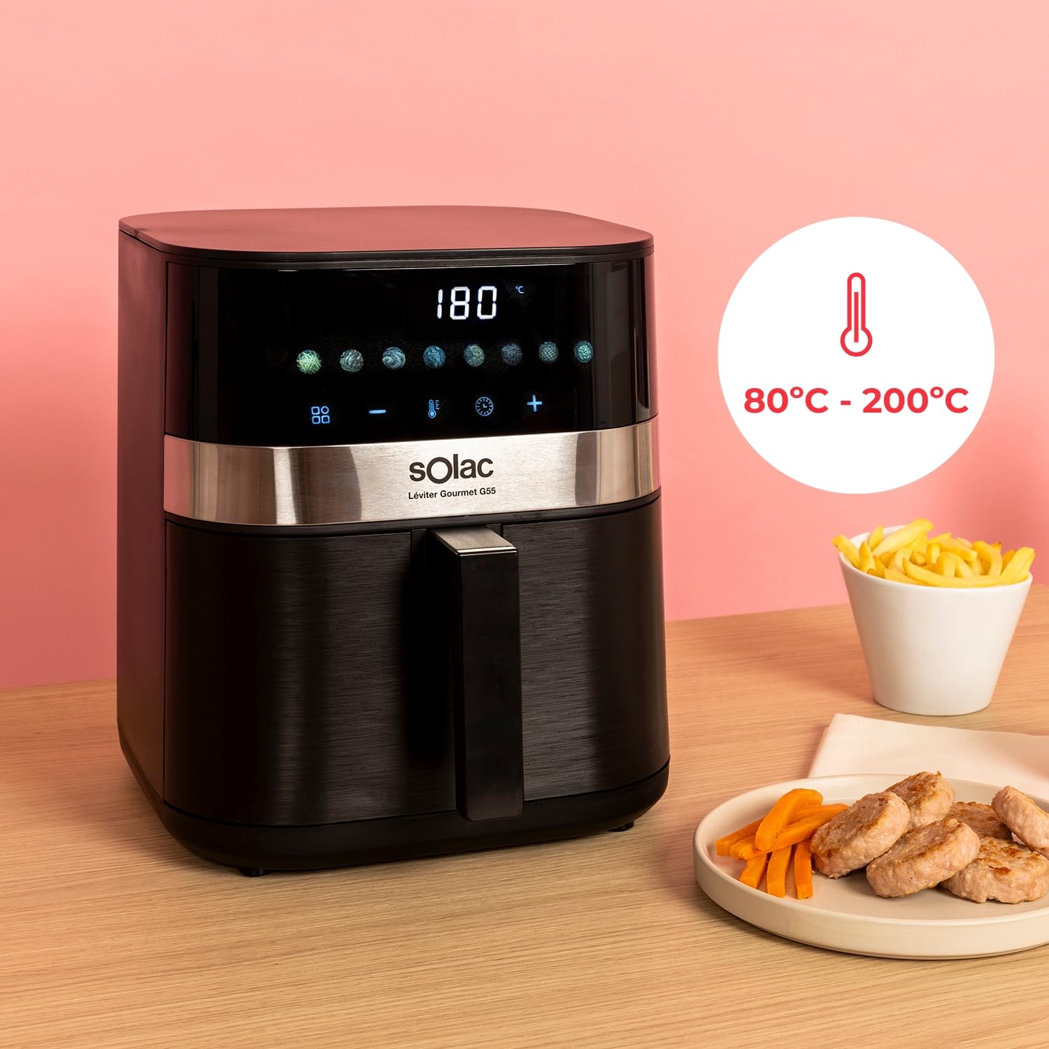 Solac – Freidora sin aceite Léviter Gourmet G55 | 5,5L | 8 Programas | Pantalla digital | Temp. ajustable 80-200°C | Temporizador 60 min | Interior metálico | Recubrimiento antiadherente