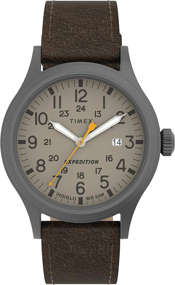 Relógio masculino Expedition Scout de 40 mm – caixa preta e mostrador com pulseira deslizante de couro oliva