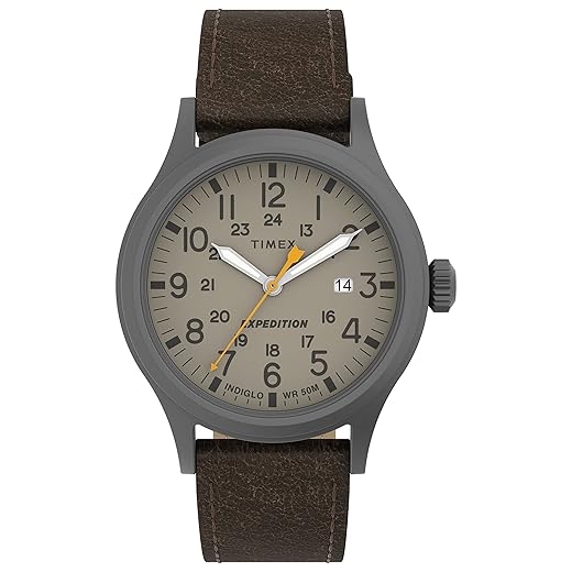 Timex Relógio masculino Expedition Scout de 40 mm – caixa preta e mostrador com pulseira deslizante de couro oliva