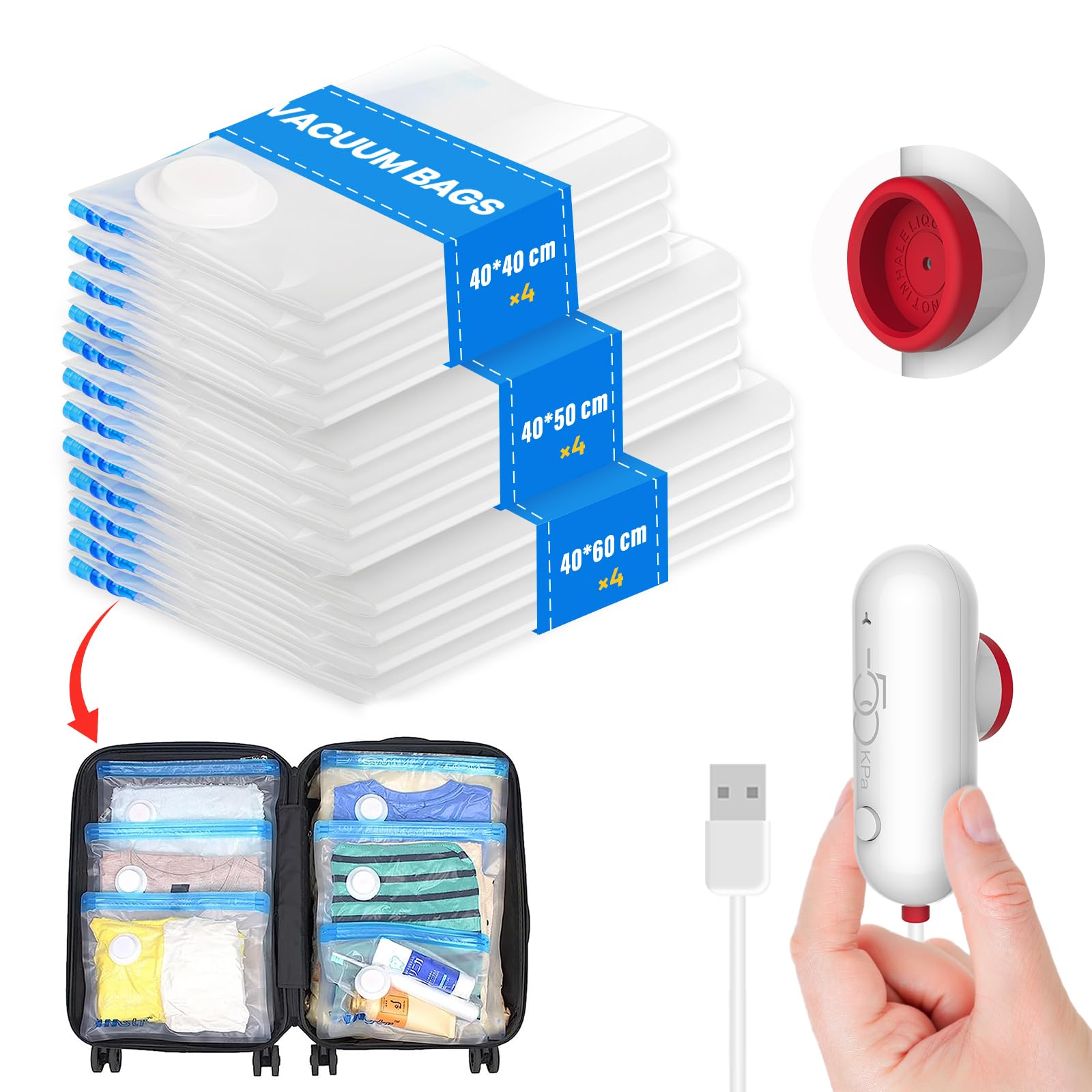 Vacbird Sacchi Sottovuoto Vestiti con Pompa Elettrica Usb, 12 Pezzi di Buste Sottovuoto (4x 40 * 40cm / 4x 40 * 50cm / 4x 40 * 60cm) Sacchetti Sottovuoto Vestiti Viaggio, Riutilizzabili, Salvaspazio