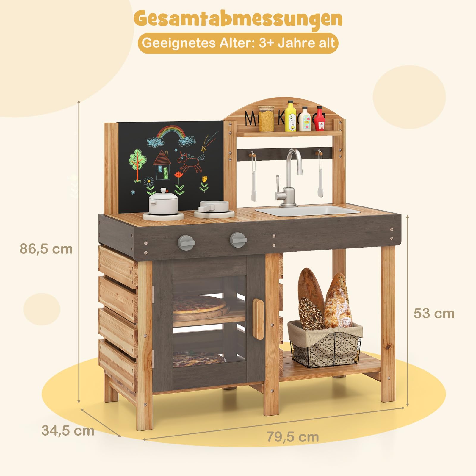 DREAMADE Matschküche Kinder Outdoor, Kinderküche aus Tannenholz mit Wasserhahn & Spüle & Tafel & Herd & Backofen, Spielküche mit 5 TLG. Zubehör, Outdoor Küche für Jungen & Mädchen ab 3 Jahren