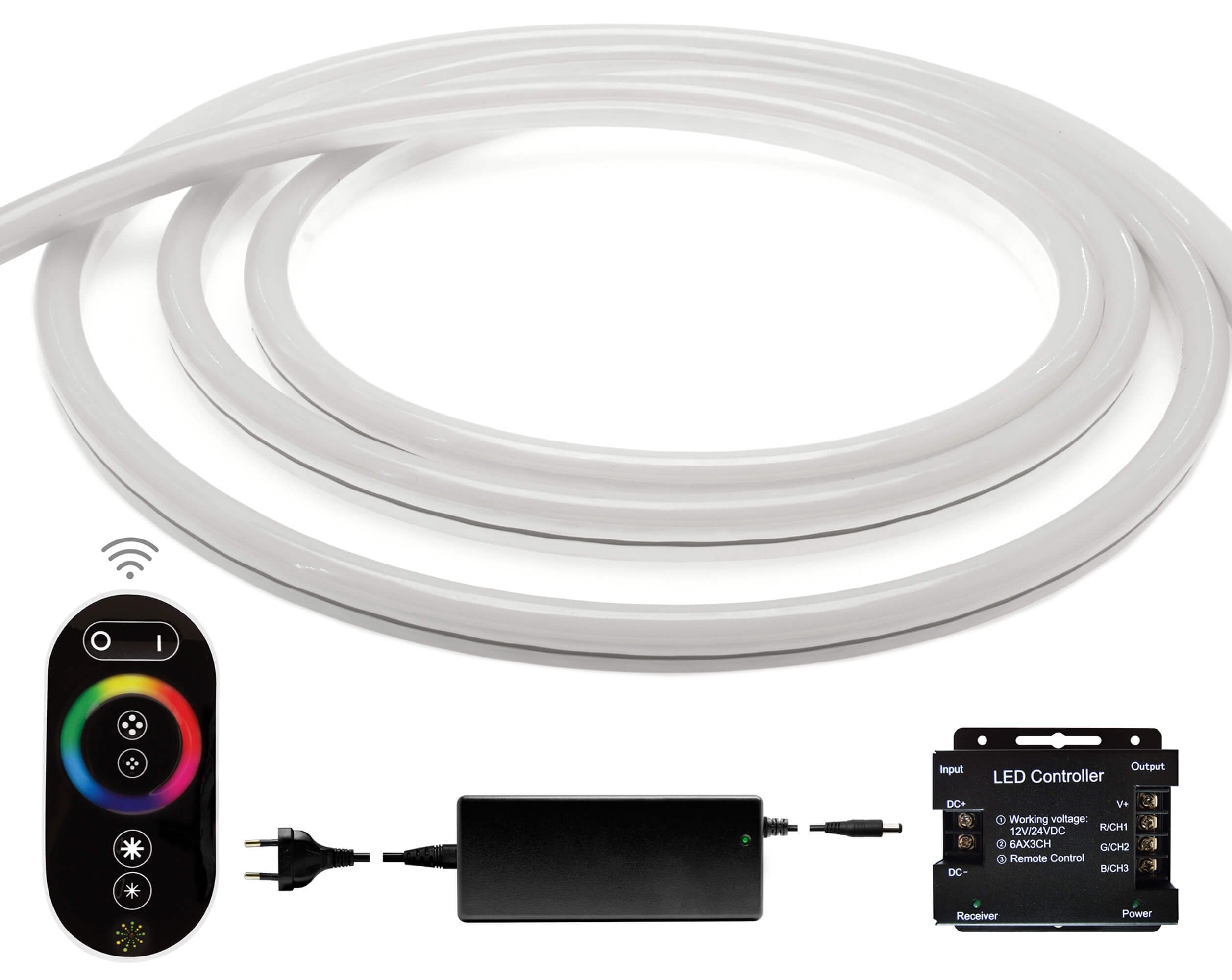 LED Universum 2 Meter Premium NeonFlex LED Streifen Funkset RGB mit Netzteil, Funkfernbedienung & Controller, IP65, 24 V, 12 W/m, 280 lm/m, für Innen- und Außenbereich