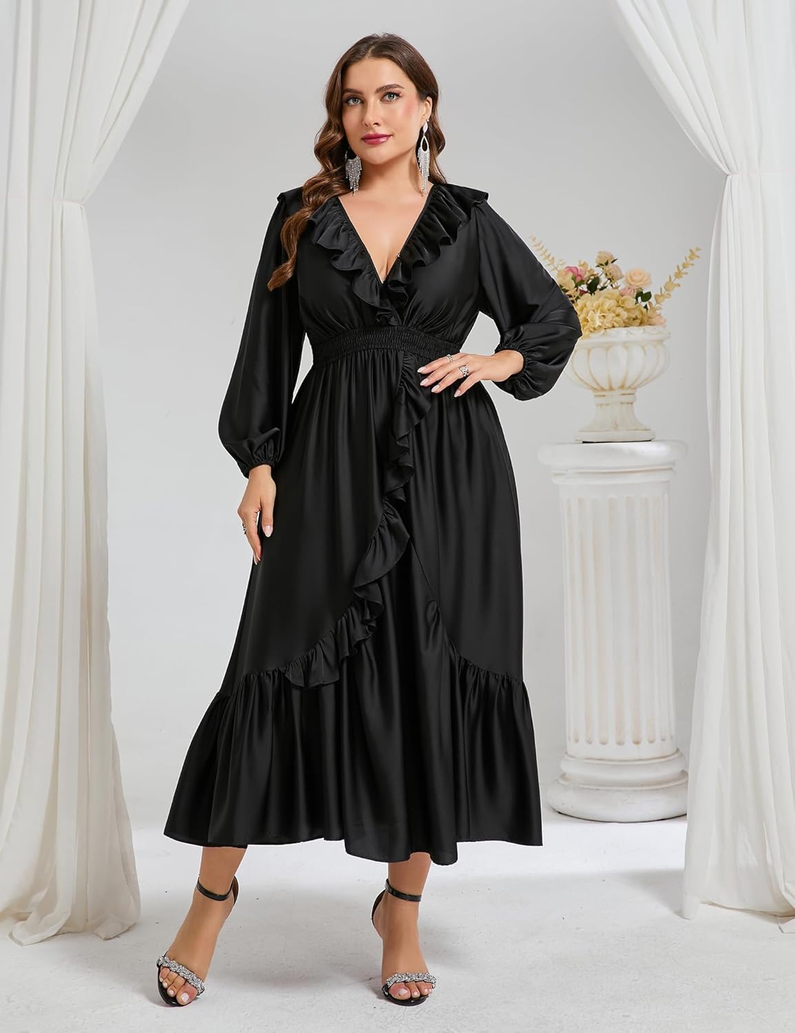 Plus Size Ruffle Long Sleeve V-Neck Smocked Waist Maxi Satin Dress Formal Cocktail Wedding Guest Holiday Dresses - Image 6