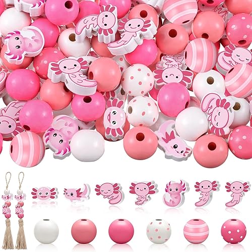 Ecally 200 cuentas de madera de ajolote con bonito estampado de ajolote, cuentas espaciadoras sueltas de madera para manualidades, para hacer joyas,