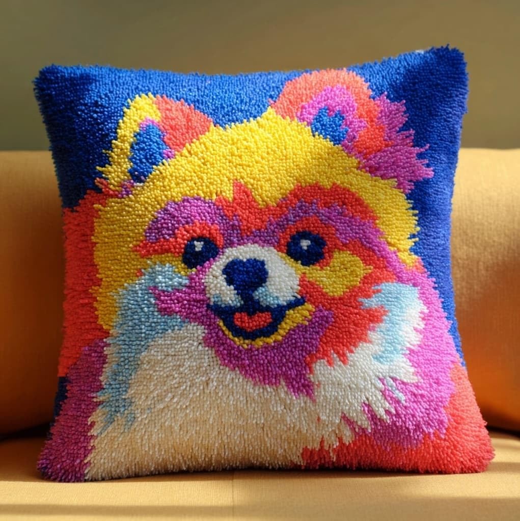 Henypt Easy Beginner Latch Hook Pillow Kit 43x43cm,Pomeranian Dogs